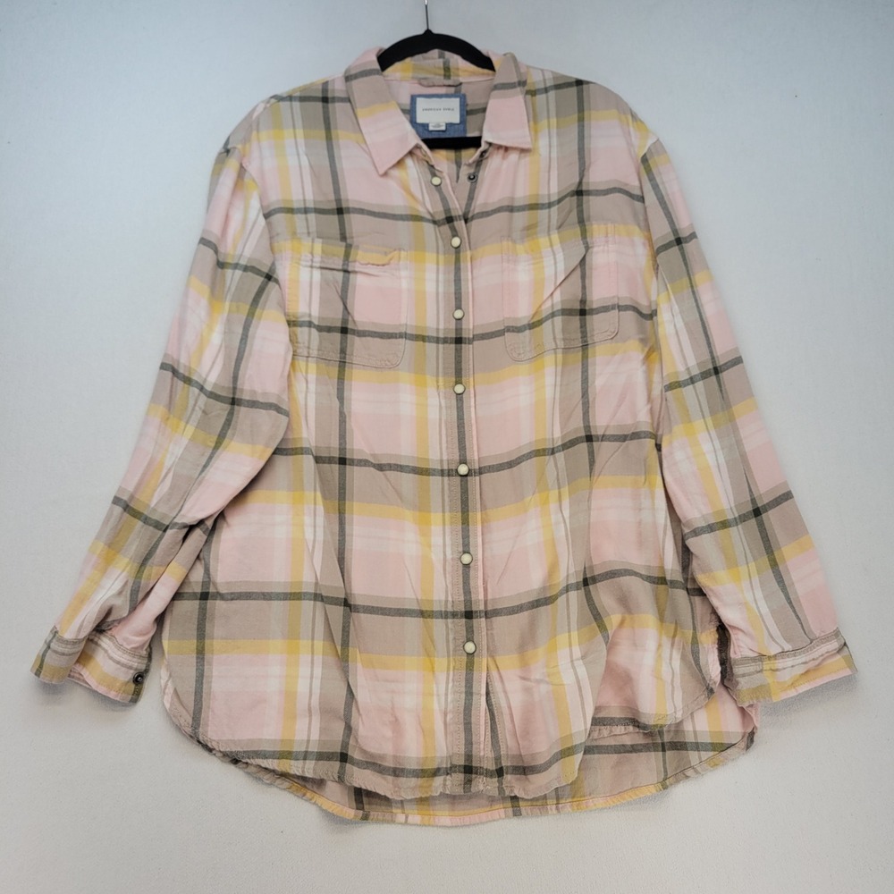 American Eagle Plaid Button Down Women Large Pink Yellow Casual Flannel Shirt